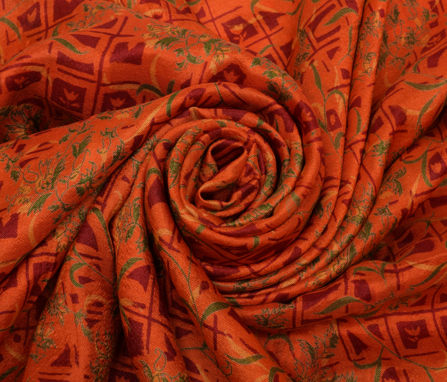 Sushila Vintage Orange Saree 100% Pure Silk Printed Floral Soft Craft Fabric