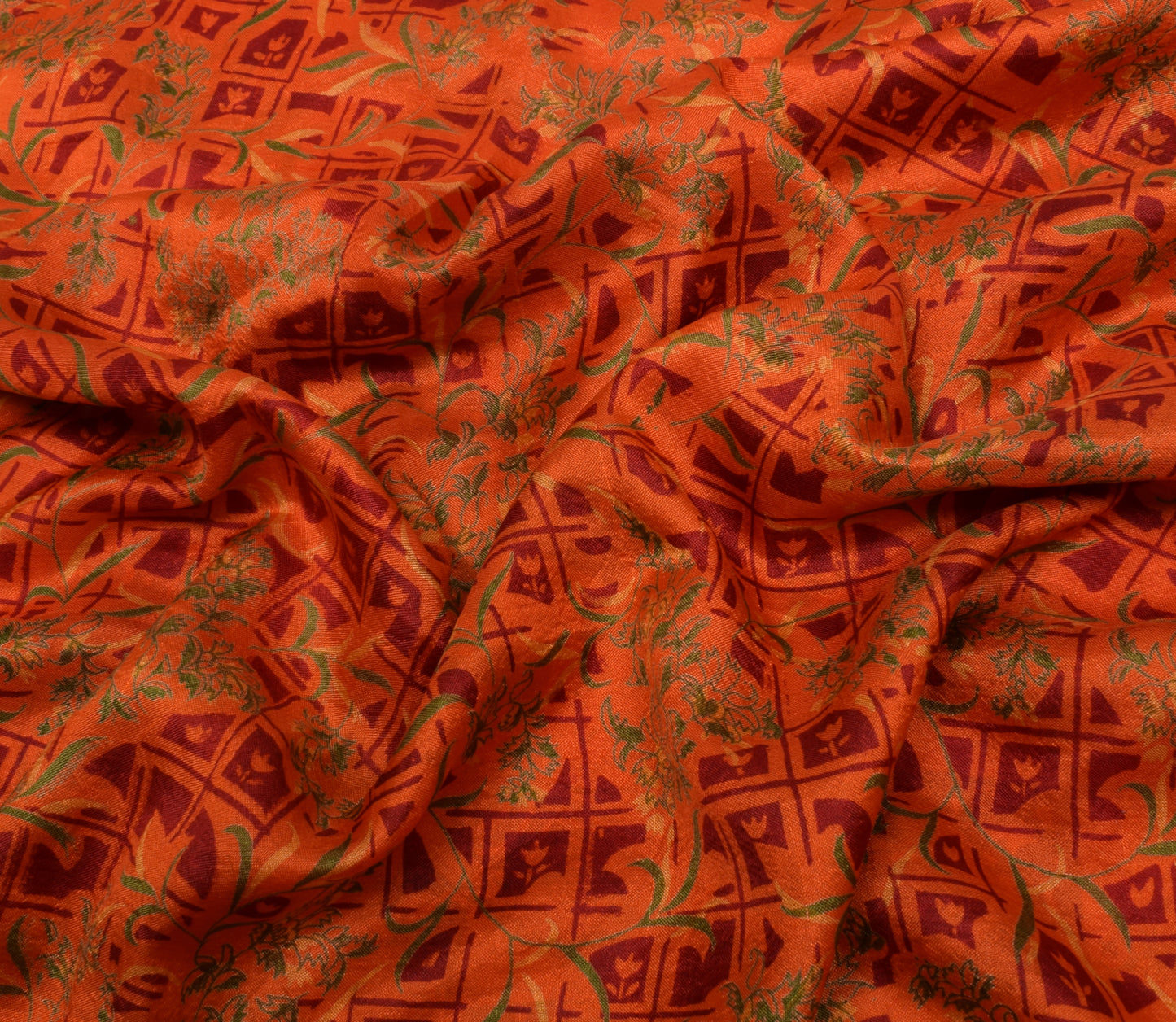 Sushila Vintage Orange Saree 100% Pure Silk Printed Floral Soft Craft Fabric