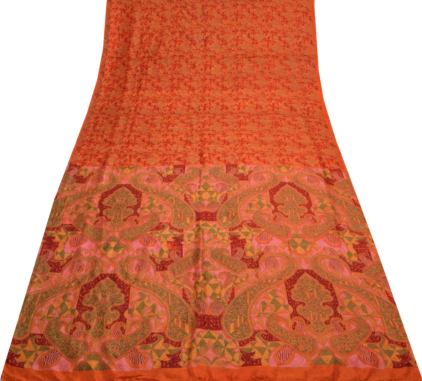 Sushila Vintage Orange Saree 100% Pure Silk Printed Floral Soft Craft Fabric