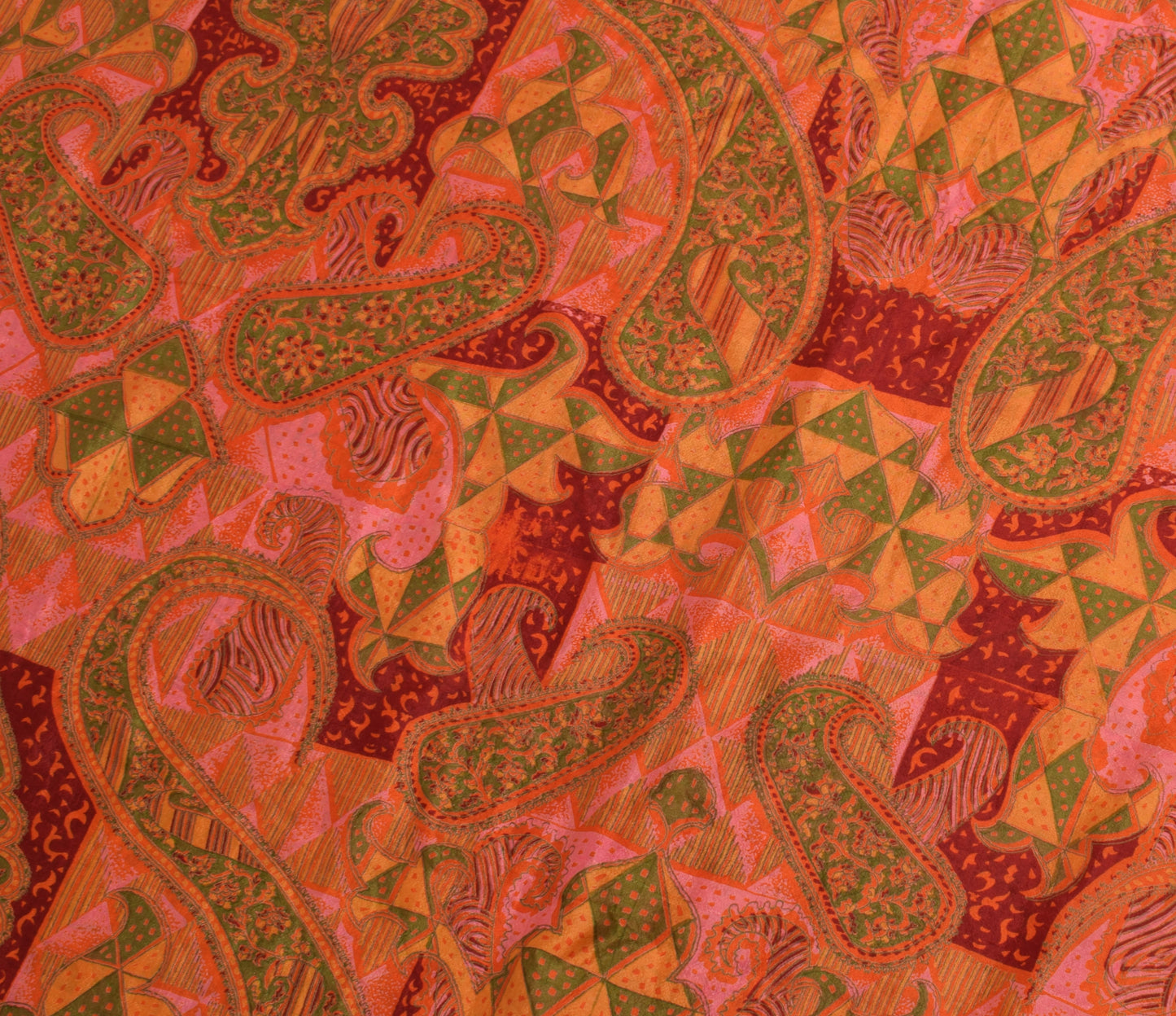 Sushila Vintage Orange Saree 100% Pure Silk Printed Floral Soft Craft Fabric