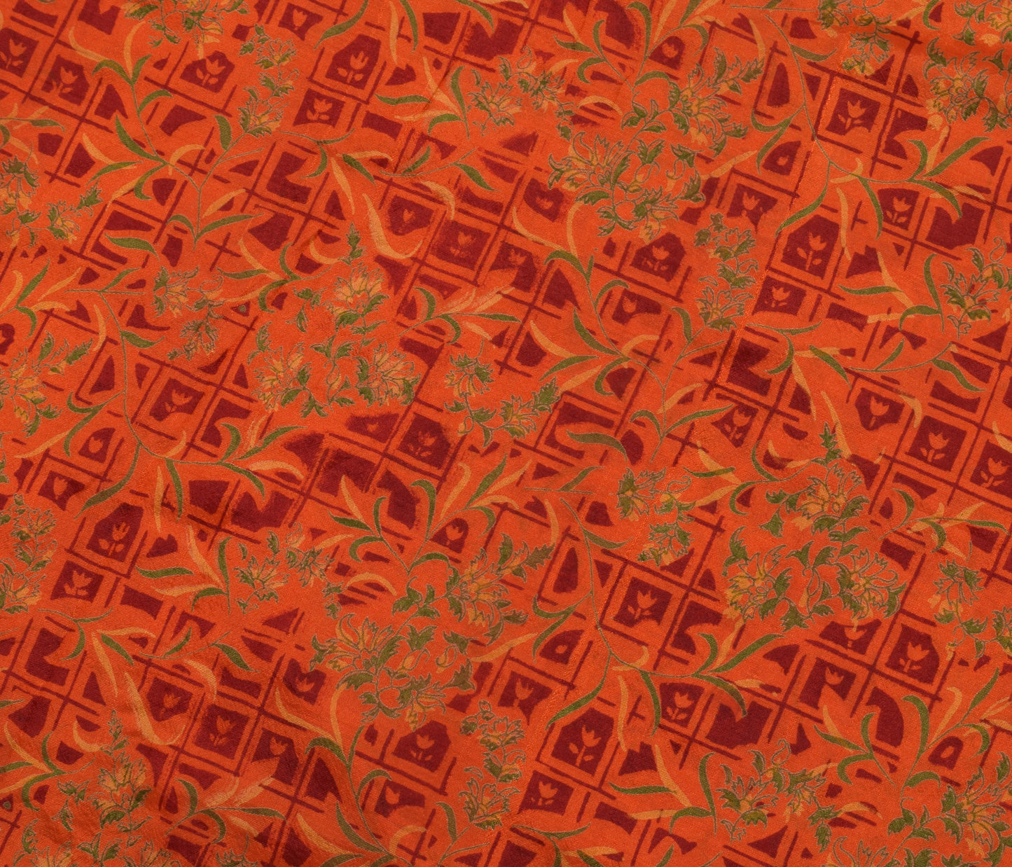 Sushila Vintage Orange Saree 100% Pure Silk Printed Floral Soft Craft Fabric