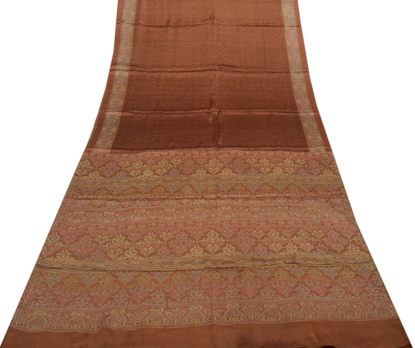 Sushila Vintage Brown Saree 100% Pure Satin Silk Printed Floral Soft Fabric