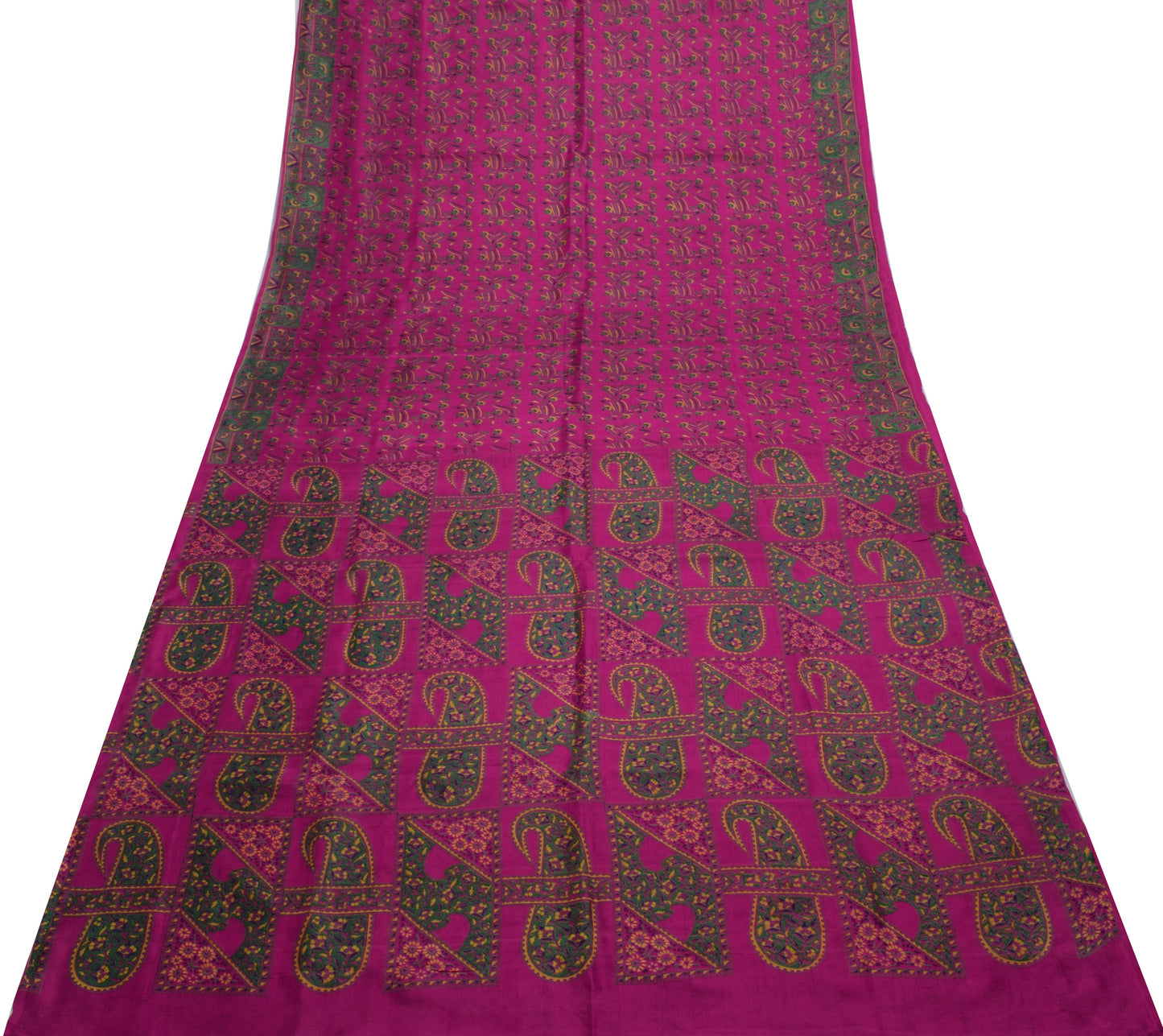 Sushila Vintage Magenta Saree Pure Silk Printed Floral Soft Craft 5 Yard Fabric