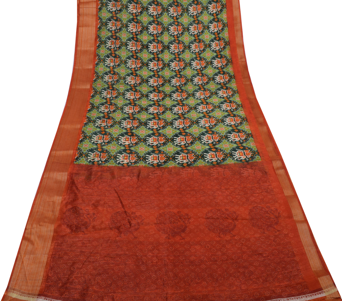 Sushila Vintage Green Indian Saree Blend Silk Printed Elephant Craft Fabric