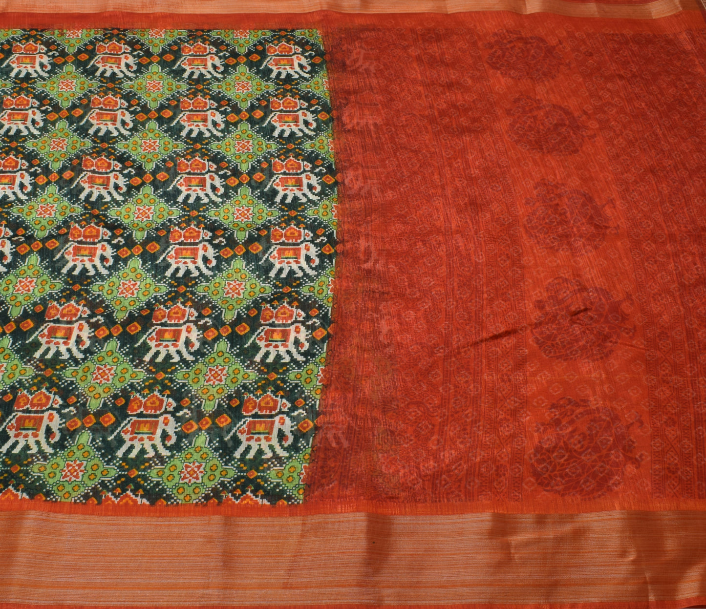 Sushila Vintage Green Indian Saree Blend Silk Printed Elephant Craft Fabric