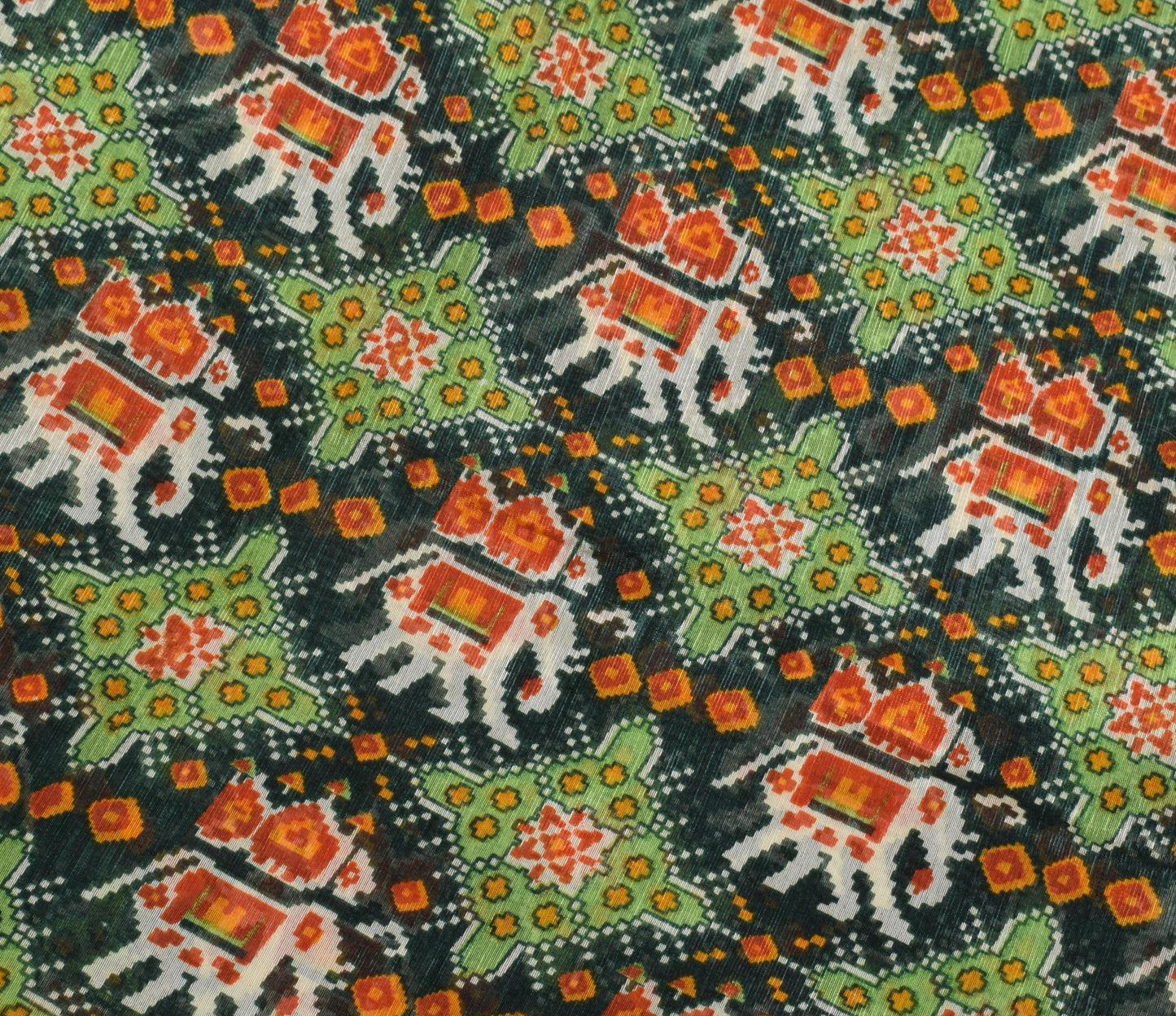 Sushila Vintage Green Indian Saree Blend Silk Printed Elephant Craft Fabric