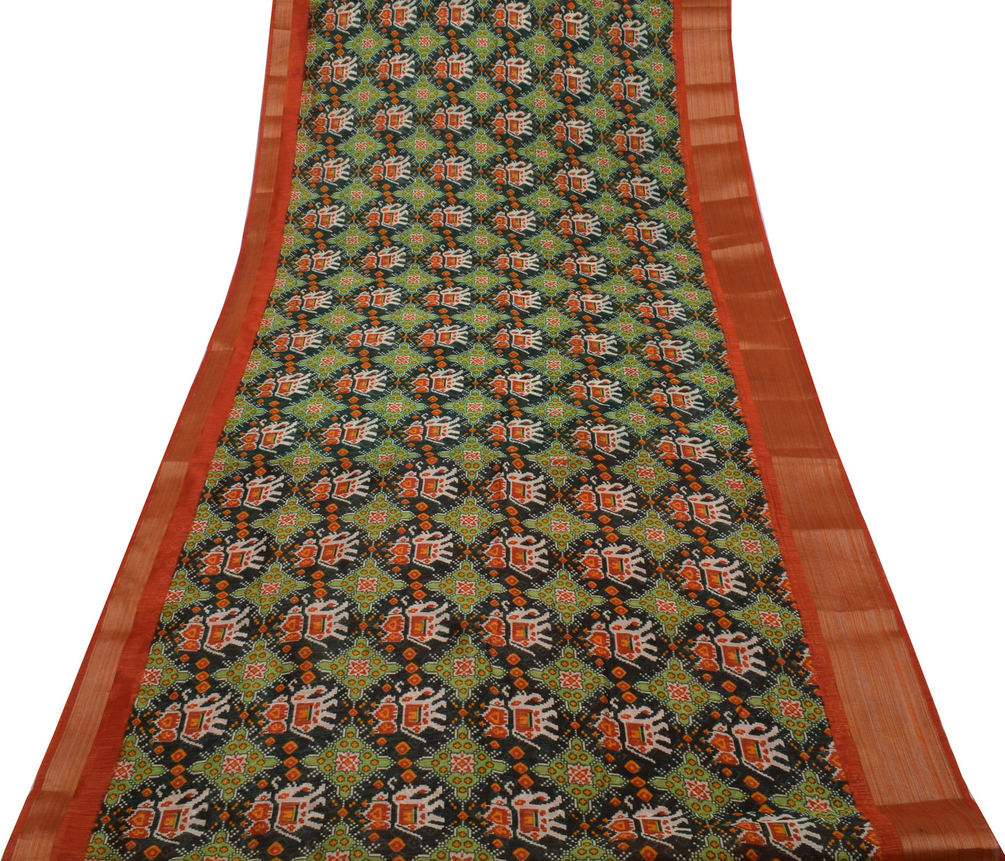 Sushila Vintage Green Indian Saree Blend Silk Printed Elephant Craft Fabric