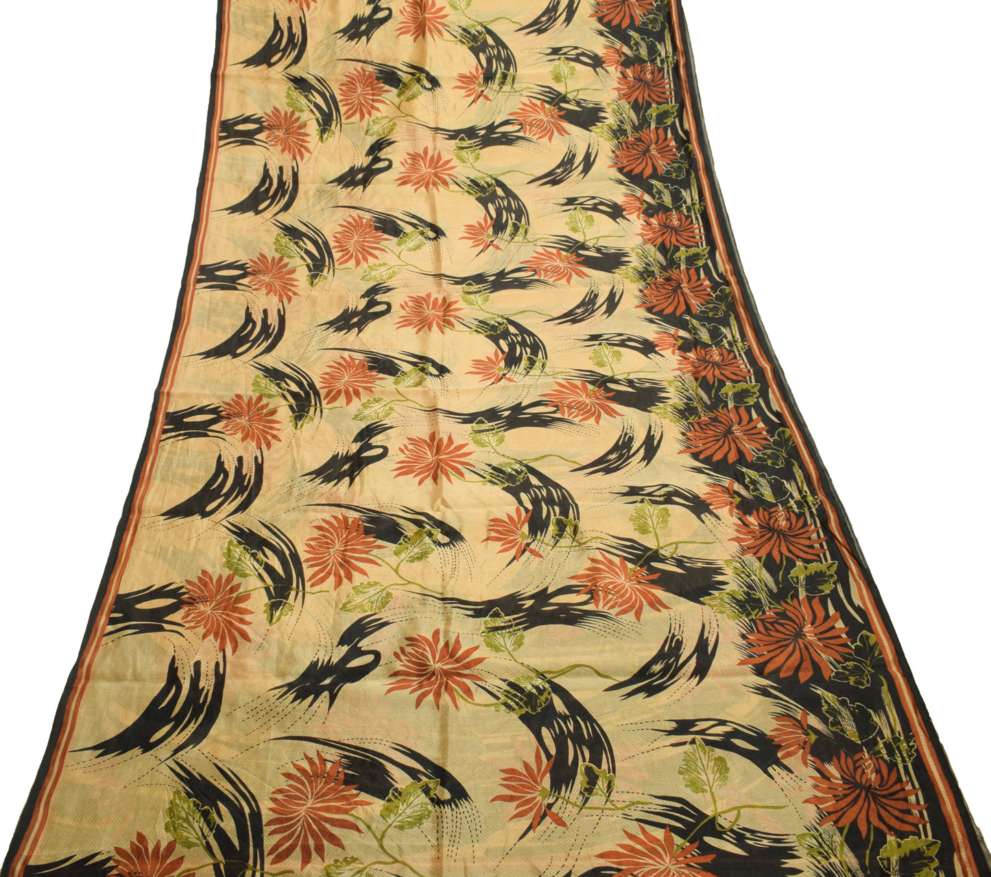 Sushila Vintage Light Brown Saree 100% Pure Silk Printed Floral Craft Fabric