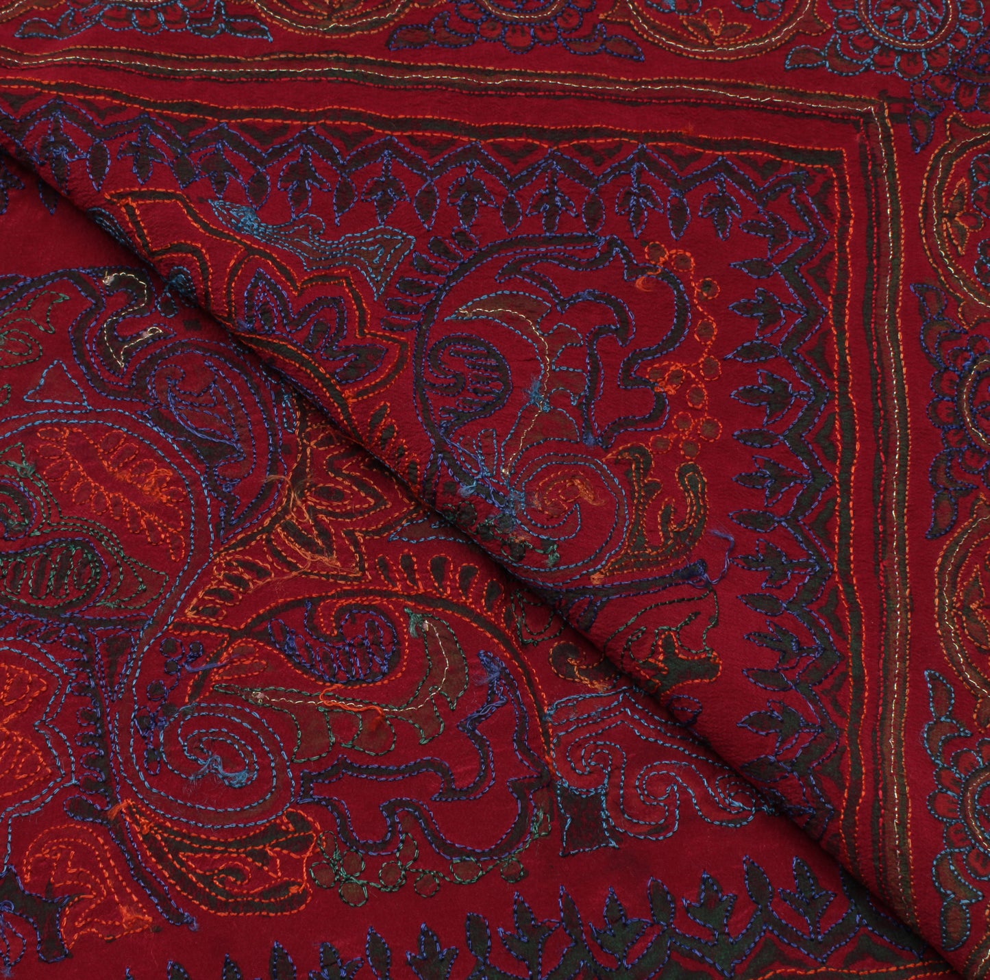 Sushila Vintage Maroon Sari Remnant Scrap Pure Crepe Embroidered Craft Fabric