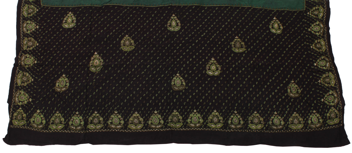 Sushila Vintage Black Sari Remnant Scrap Pure Crepe  Embroidered Craft Fabric