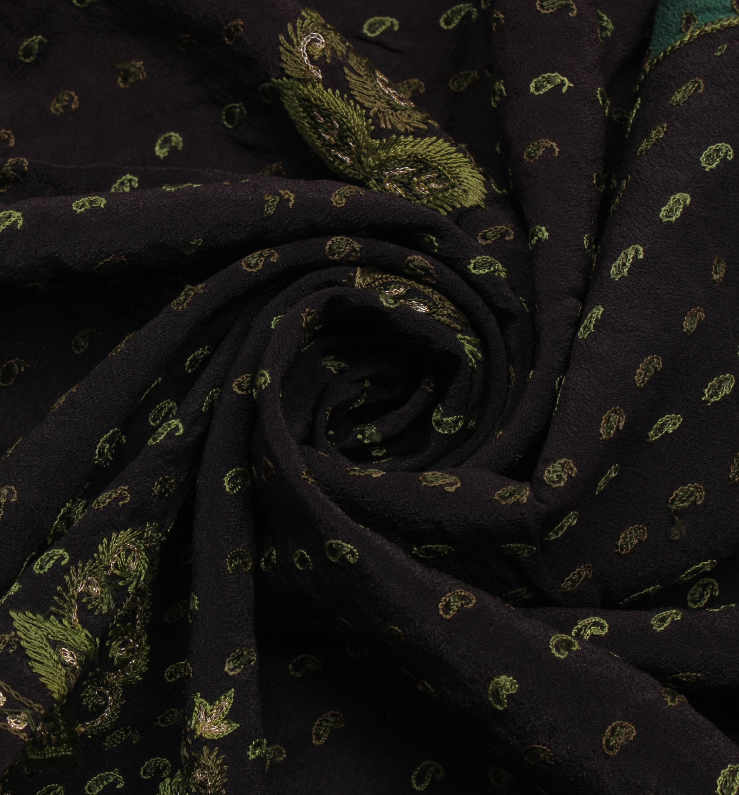 Sushila Vintage Black Sari Remnant Scrap Pure Crepe  Embroidered Craft Fabric