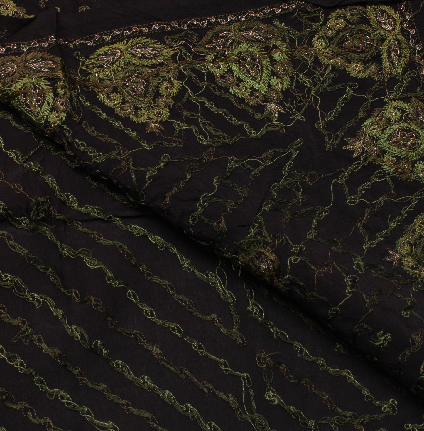 Sushila Vintage Black Sari Remnant Scrap Pure Crepe  Embroidered Craft Fabric