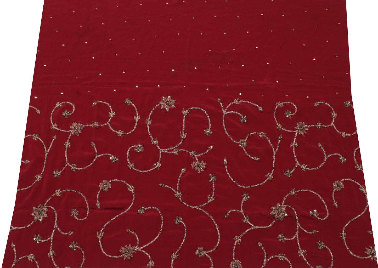 Sushila Vintage Maroon Sari Remnant Scrap Blend Crepe Embroidered Craft Fabric