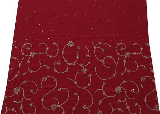 Sushila Vintage Maroon Sari Remnant Scrap Blend Crepe Embroidered Craft Fabric