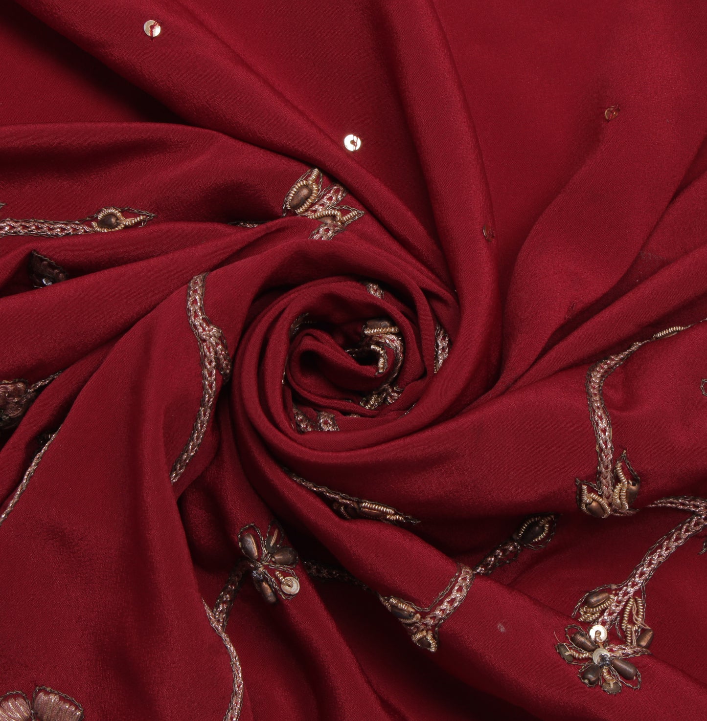 Sushila Vintage Maroon Sari Remnant Scrap Blend Crepe Embroidered Craft Fabric