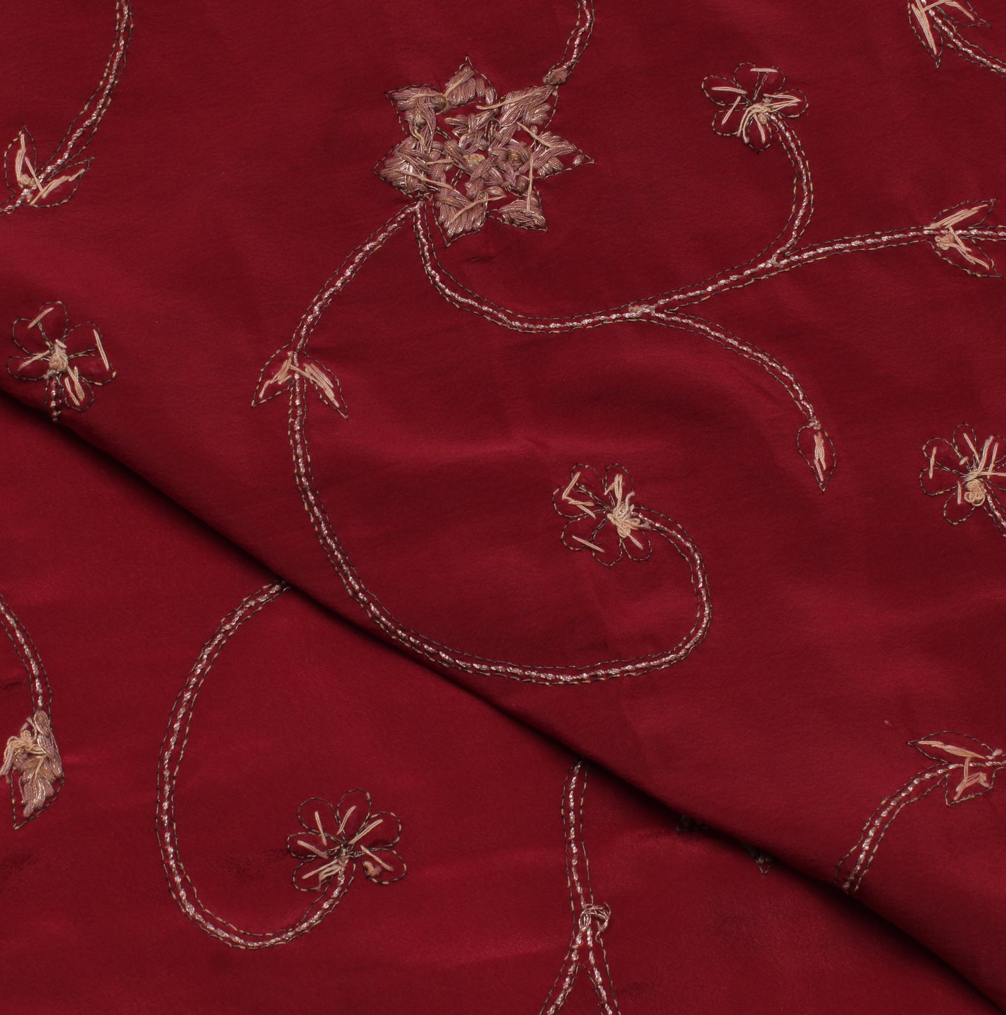 Sushila Vintage Maroon Sari Remnant Scrap Blend Crepe Embroidered Craft Fabric