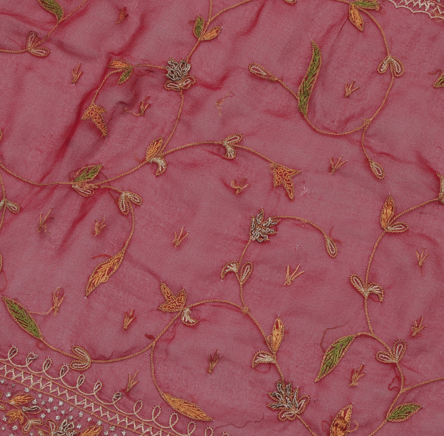 Sushila Vintage Red Sari Remnant Scrap Blend Georgette Embroidered Craft Fabric