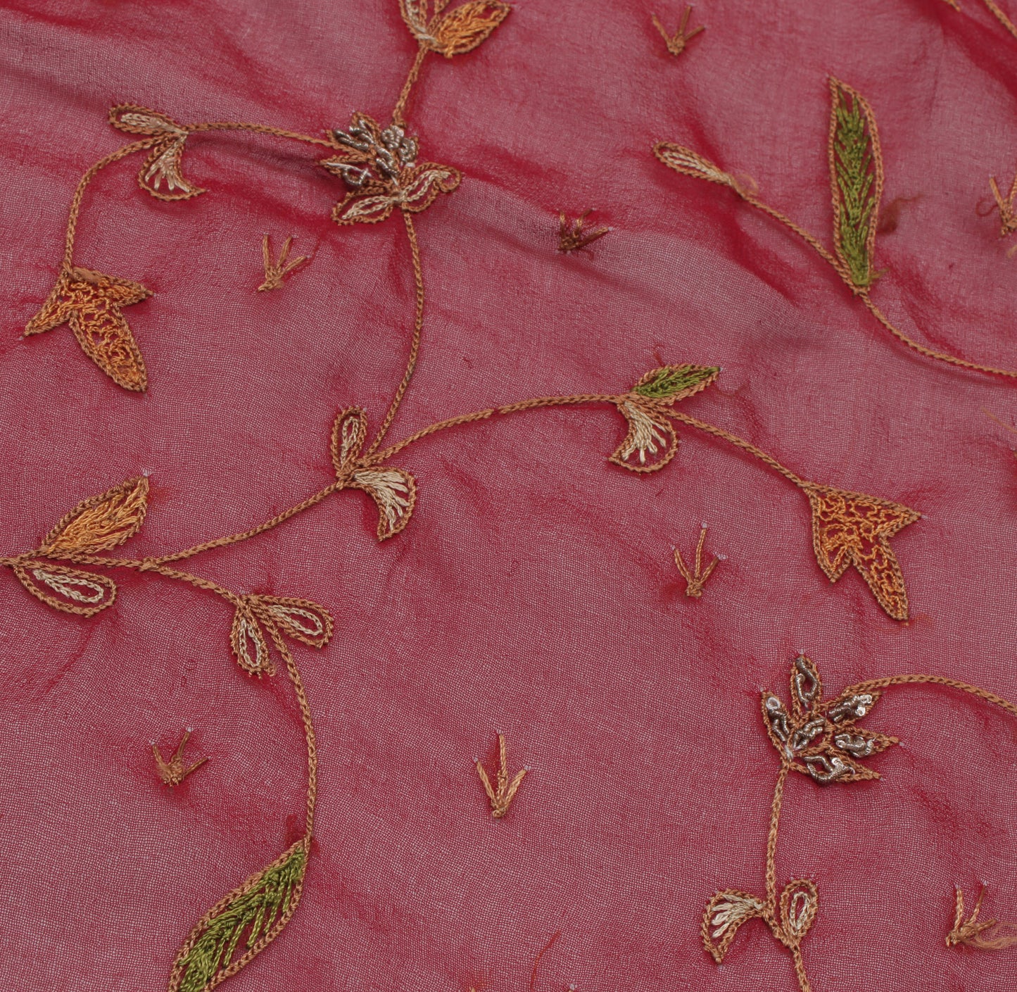 Sushila Vintage Red Sari Remnant Scrap Blend Georgette Embroidered Craft Fabric