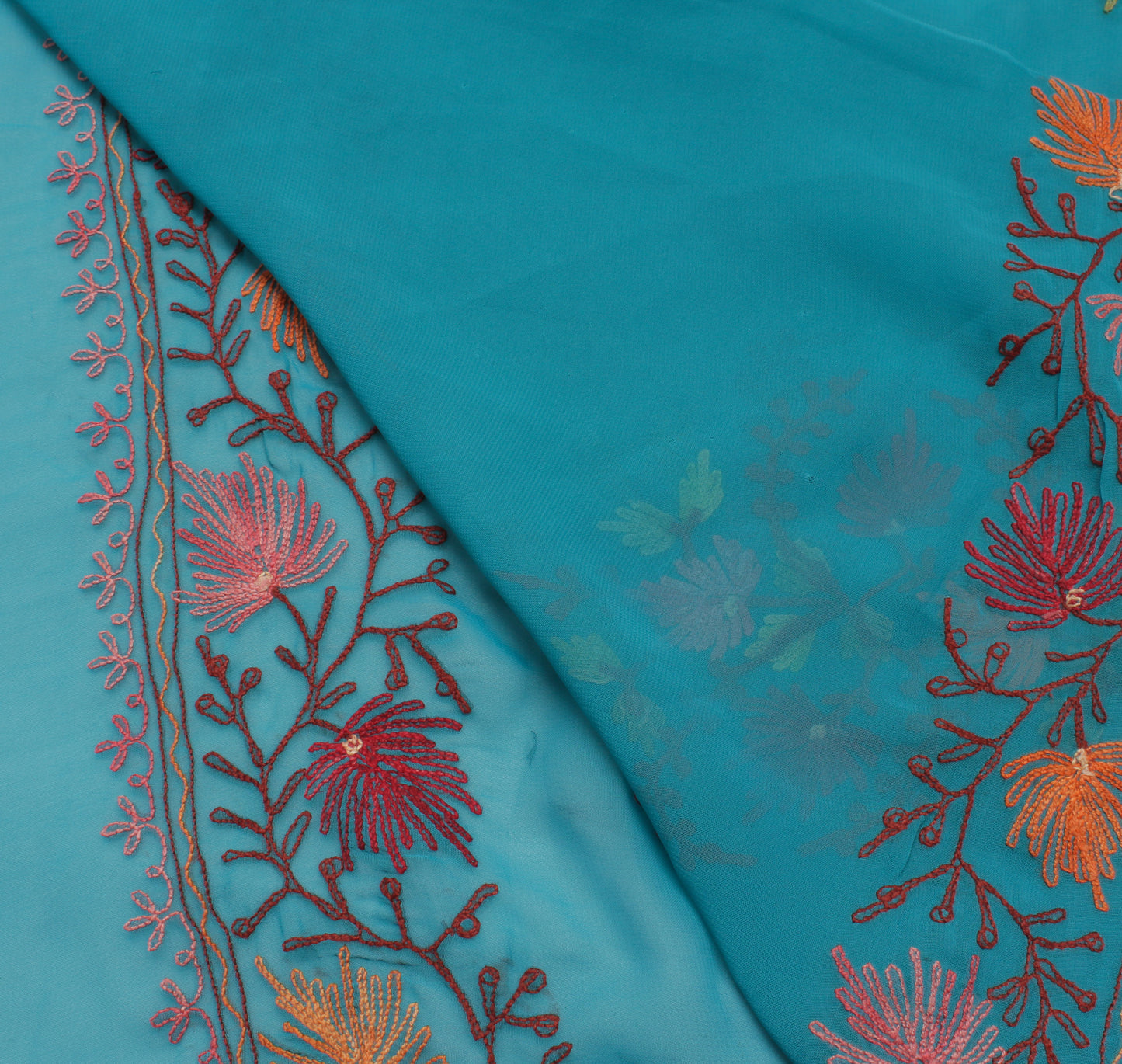 Sushila Vintage Blue Sari Remnant Scrap Blend Georgette Floral Craft Fabric