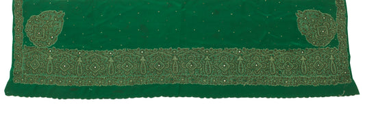 Sushila Vintage Green Sari Remnant Scrap Pure Crepe  Embroidered Craft Fabric