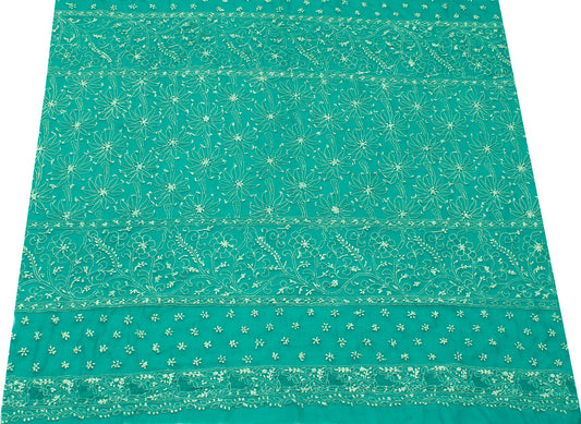 Sushila Vintage Green Sari Remnant Scrap  Georgette Embroidered Craft Fabric