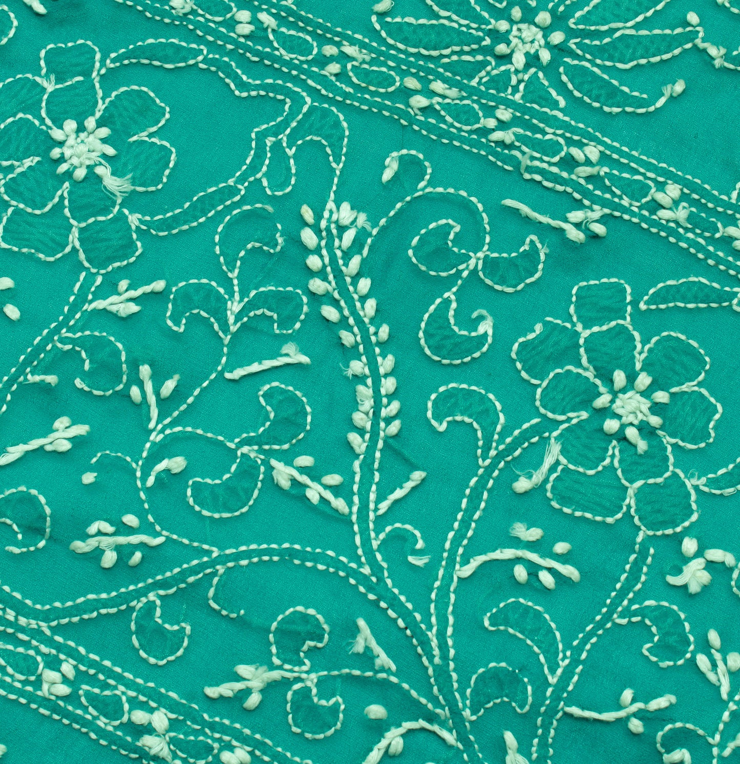 Sushila Vintage Green Sari Remnant Scrap  Georgette Embroidered Craft Fabric