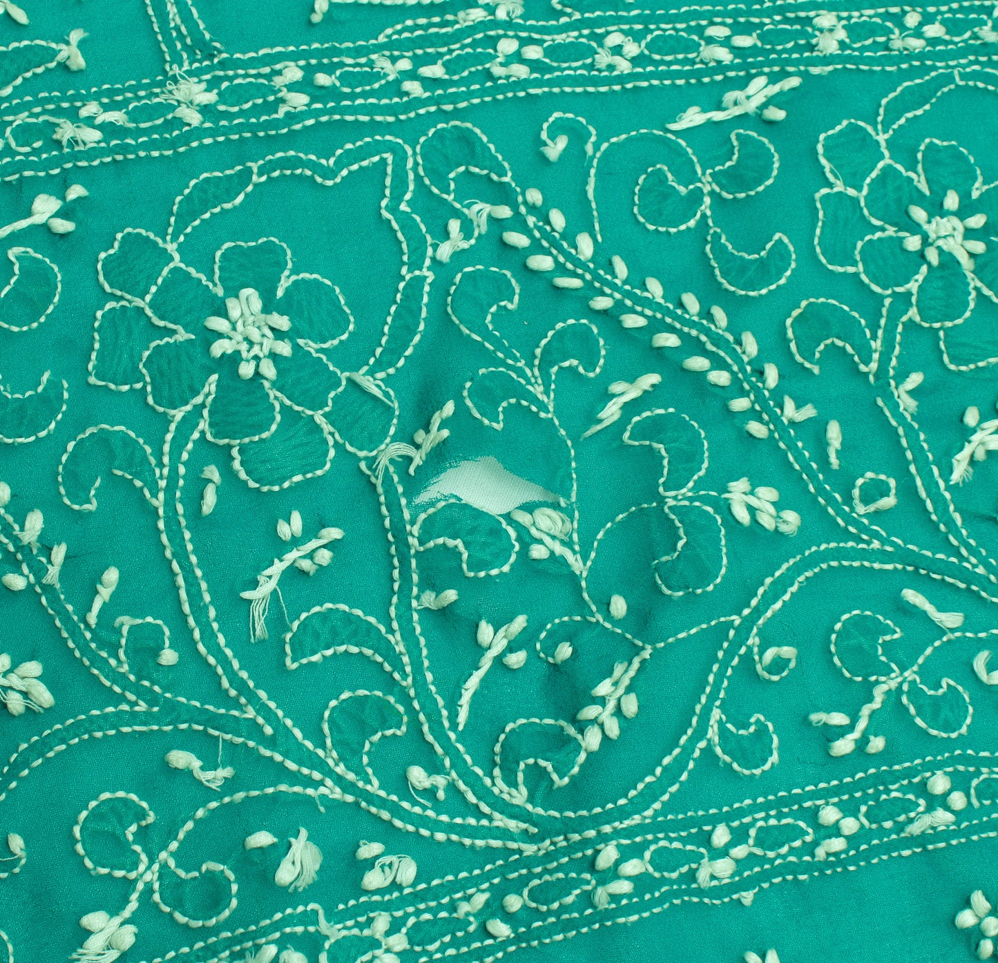 Sushila Vintage Green Sari Remnant Scrap  Georgette Embroidered Craft Fabric