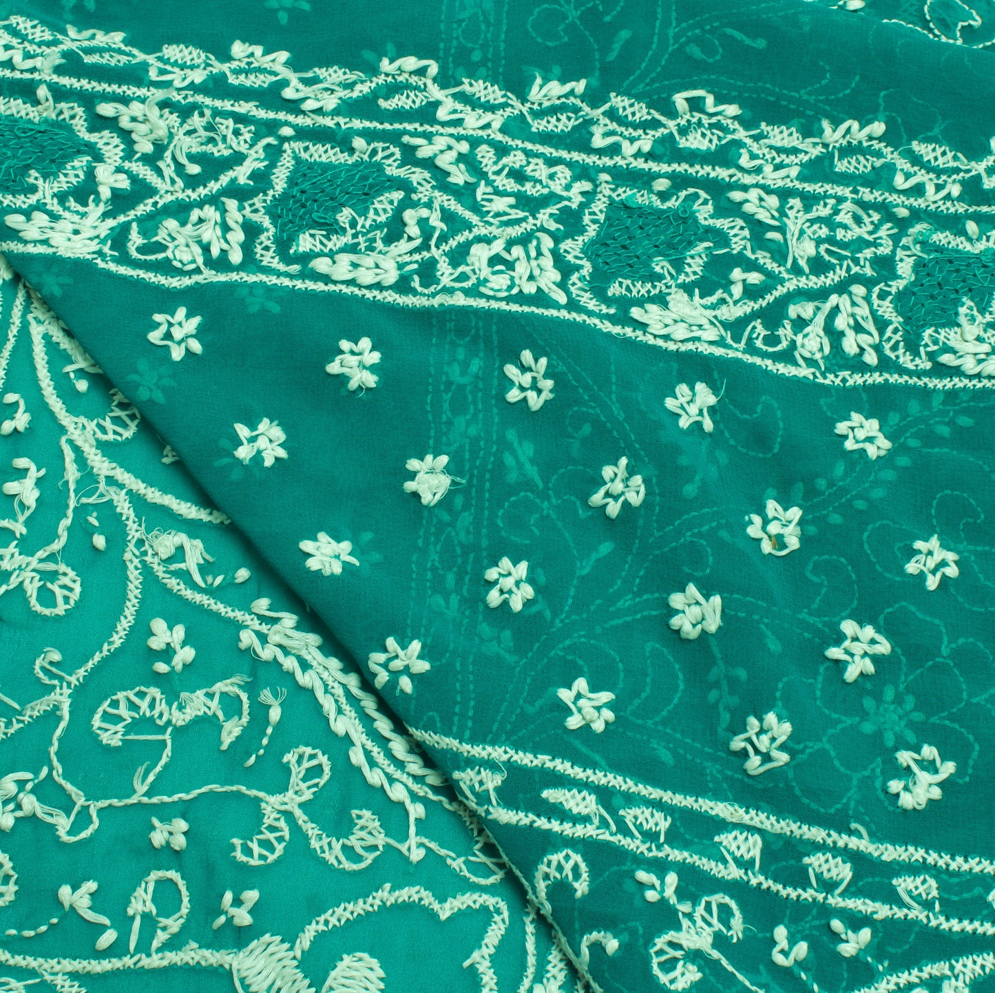 Sushila Vintage Green Sari Remnant Scrap  Georgette Embroidered Craft Fabric