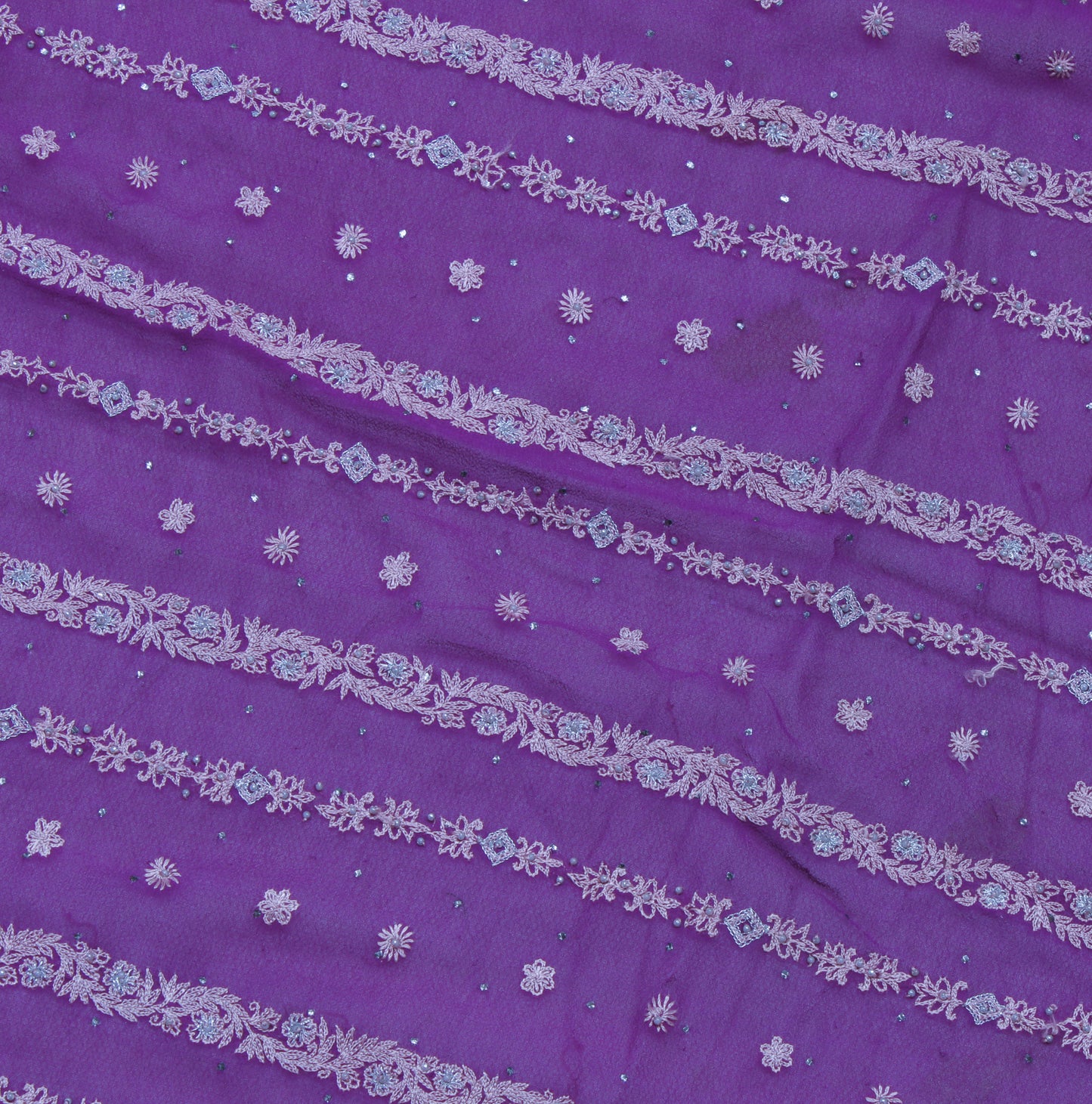 Sushila Vintage Purple Sari Remnant Scrap Pure Georgette Floral Craft Fabric