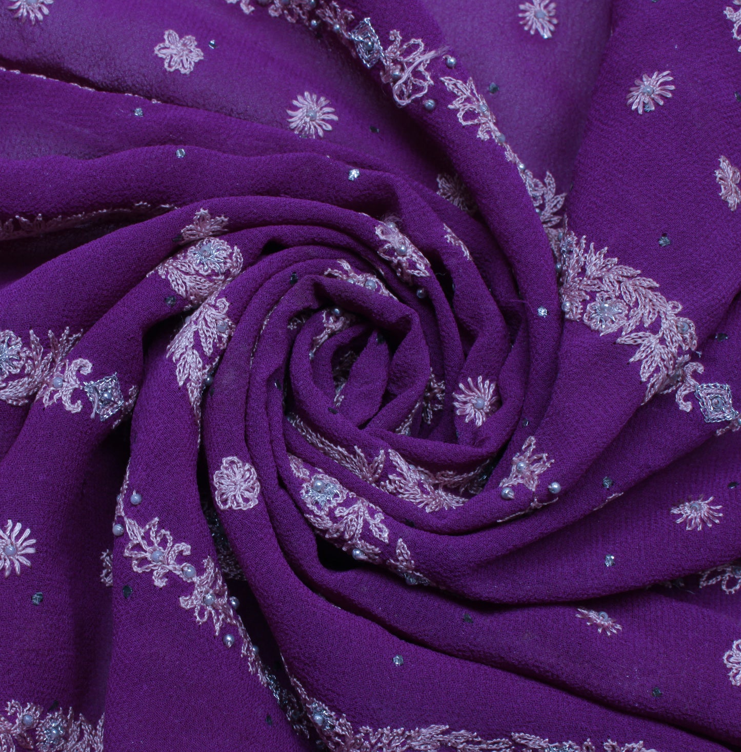 Sushila Vintage Purple Sari Remnant Scrap Pure Georgette Floral Craft Fabric