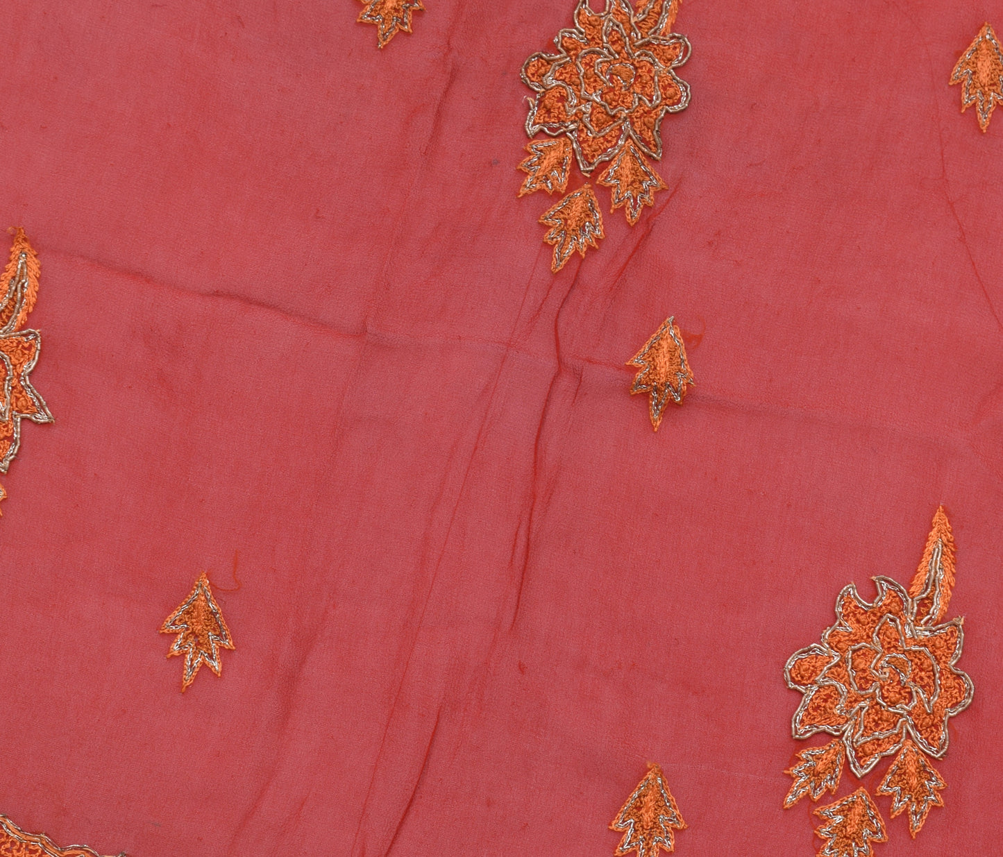 Sushila Vintage Red Sari Remnant Scrap Pure Georgette Embroidered Craft Fabric