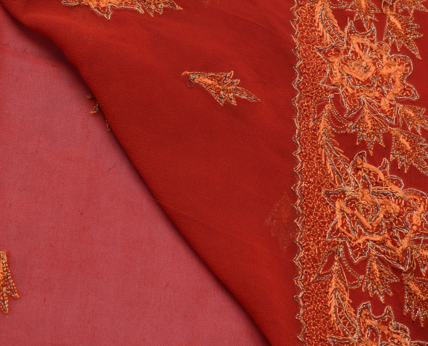 Sushila Vintage Red Sari Remnant Scrap Pure Georgette Embroidered Craft Fabric