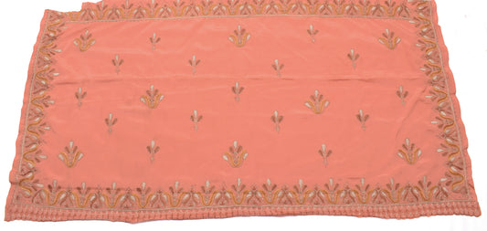 Sushila Vintage Peach Sari Remnant Scrap Blend Silk Embroidered Craft Fabric