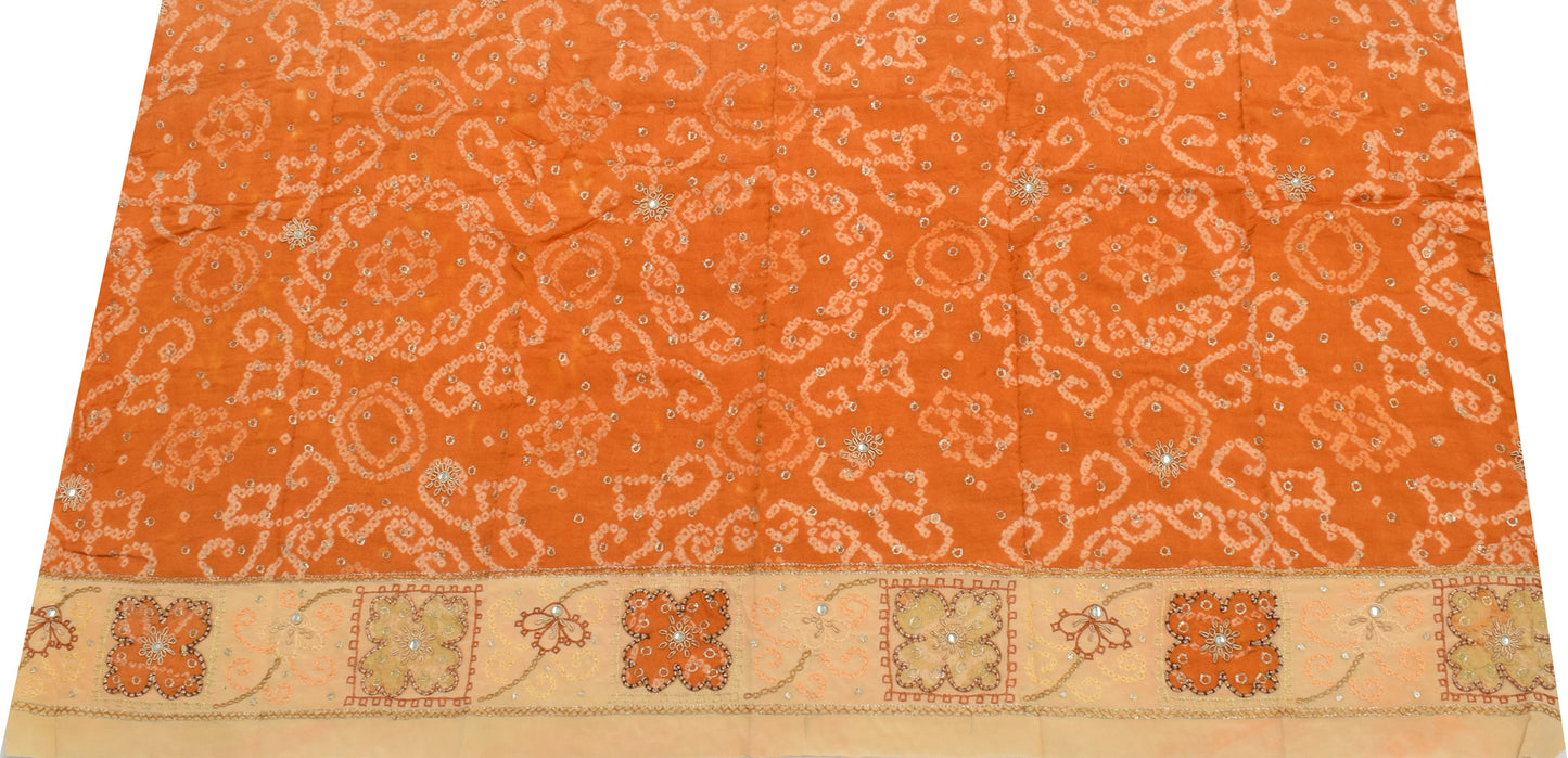 Sushila Vintage Orange Sari Remnant Scrap Pure Crepe Hand Beaded Craft Fabric