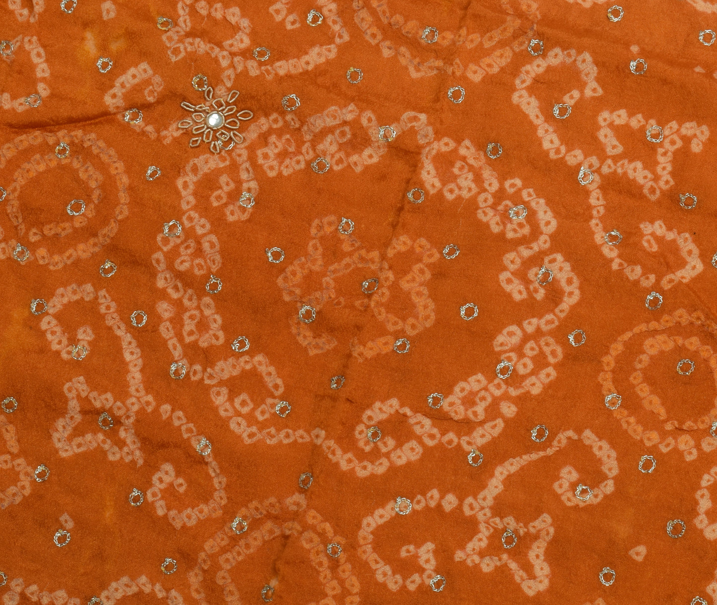 Sushila Vintage Orange Sari Remnant Scrap Pure Crepe Hand Beaded Craft Fabric