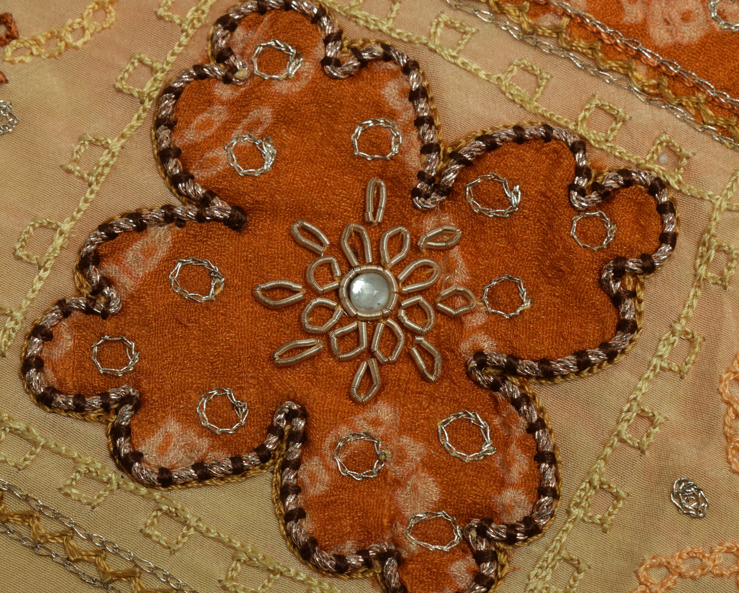 Sushila Vintage Orange Sari Remnant Scrap Pure Crepe Hand Beaded Craft Fabric