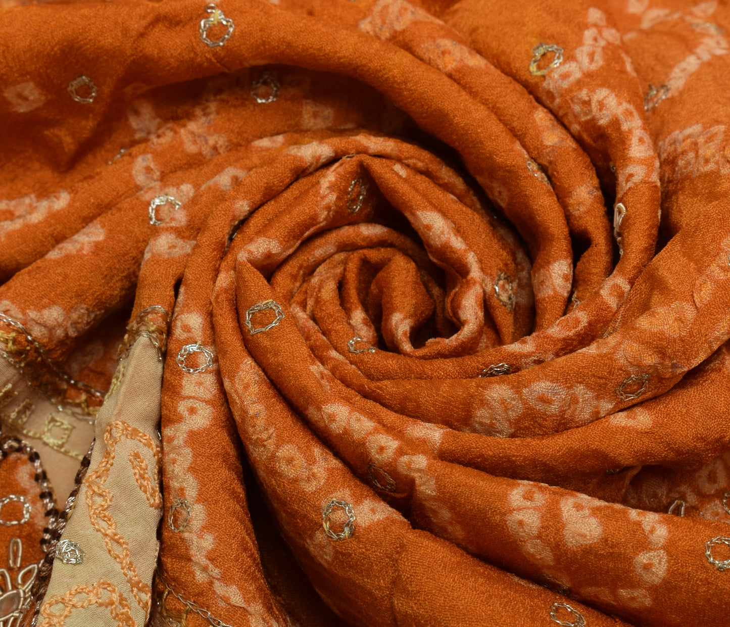 Sushila Vintage Orange Sari Remnant Scrap Pure Crepe Hand Beaded Craft Fabric