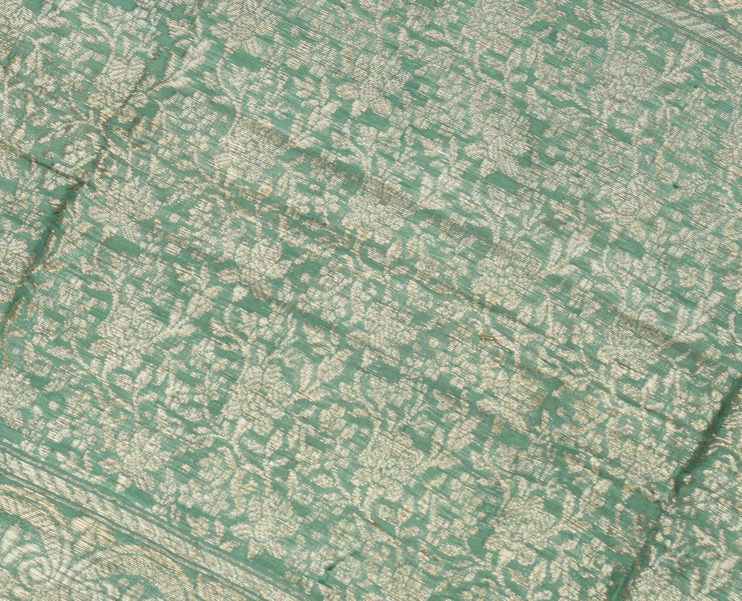 Sushila Vintage Green Sari Remnant Scrap 100% Pure Silk Zari Woven Craft Fabric