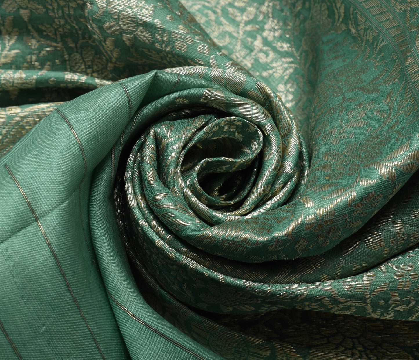 Sushila Vintage Green Sari Remnant Scrap 100% Pure Silk Zari Woven Craft Fabric