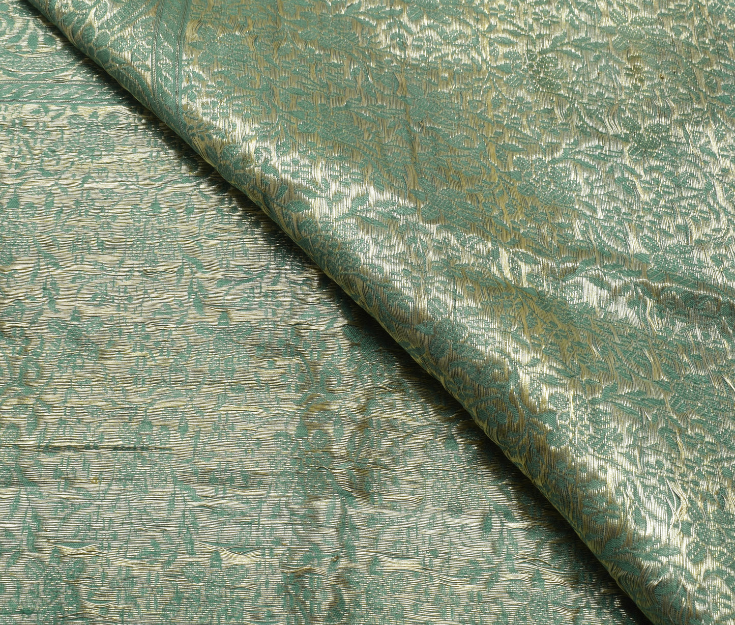 Sushila Vintage Green Sari Remnant Scrap 100% Pure Silk Zari Woven Craft Fabric