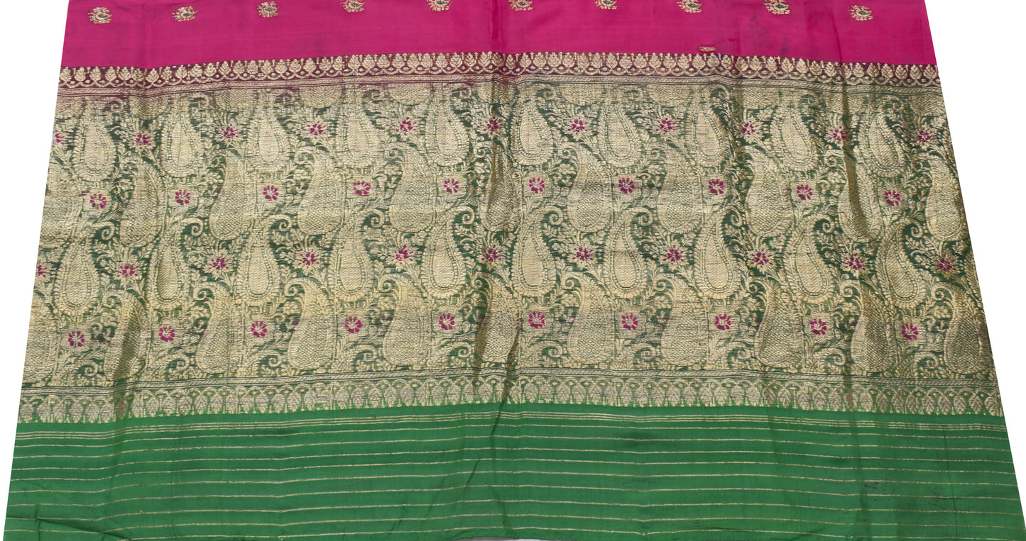 Sushila Vintage Green Sari Remnant Scrap 100% Pure Silk Zari Woven Craft Fabric