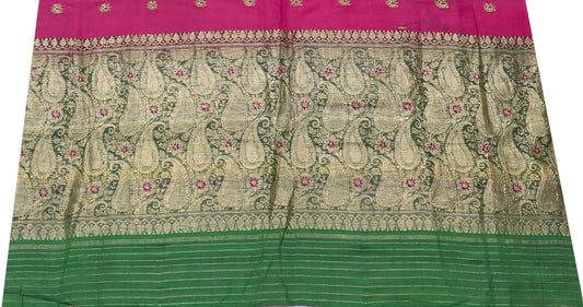 Sushila Vintage Green Sari Remnant Scrap 100% Pure Silk Zari Woven Craft Fabric