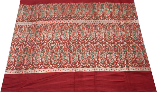 Sushila Vintage Maroon Sari Remnant Scrap Pure Satin Silk Woven Craft Fabric