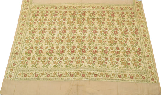 Sushila Vintage Cream Sari Remnant Scrap 100% Pure Silk Woven Craft Fabric