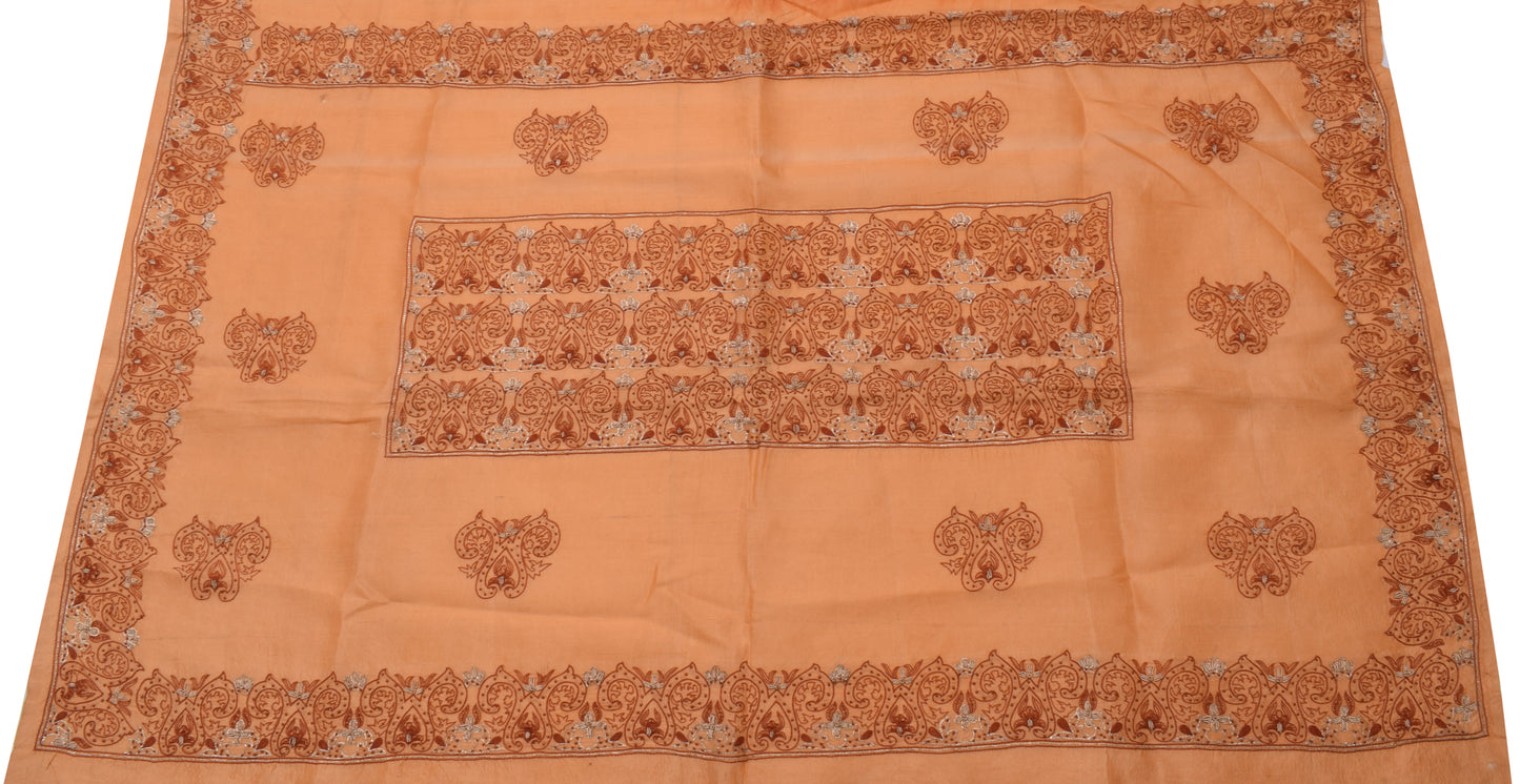 Sushila Vintage Peach Sari Remnant Scrap 100% Pure Silk Hand Beaded Craft Fabric