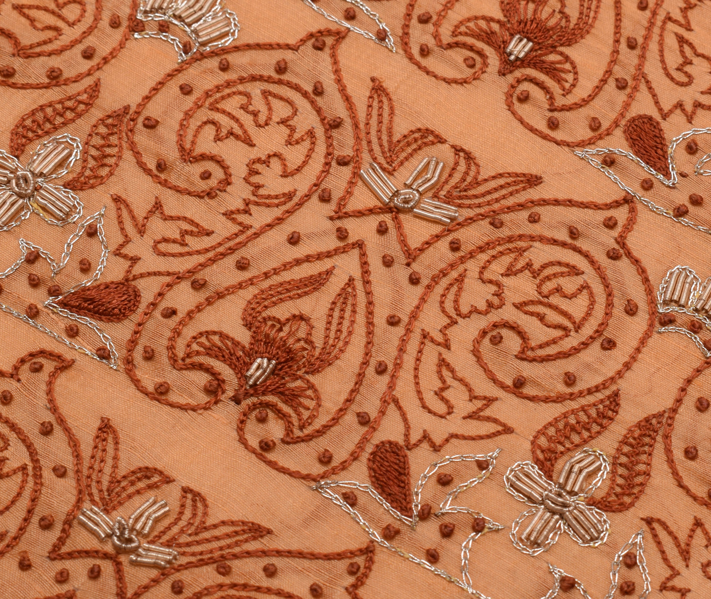 Sushila Vintage Peach Sari Remnant Scrap 100% Pure Silk Hand Beaded Craft Fabric