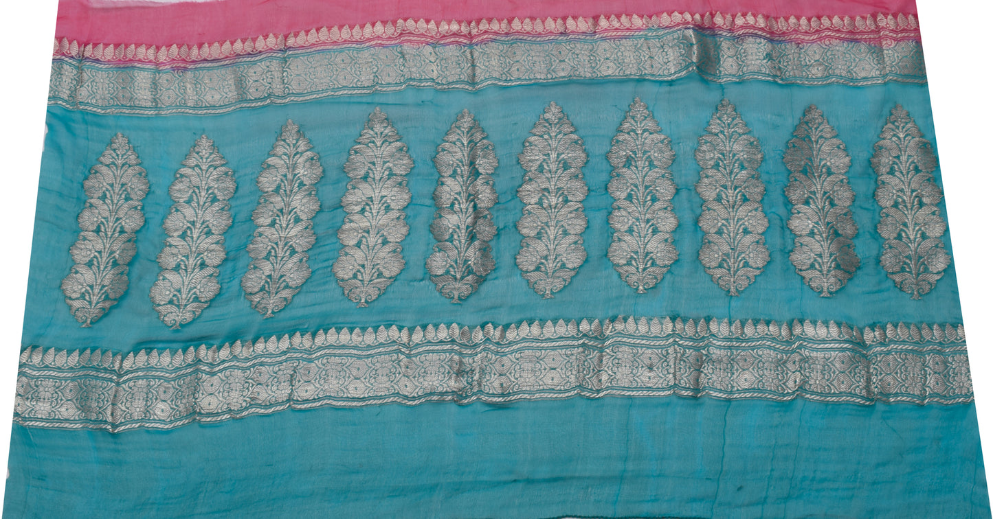 Sushila Vintage Teal Blue Sari Remnant Scrap Pure Georgette Woven Craft Fabric