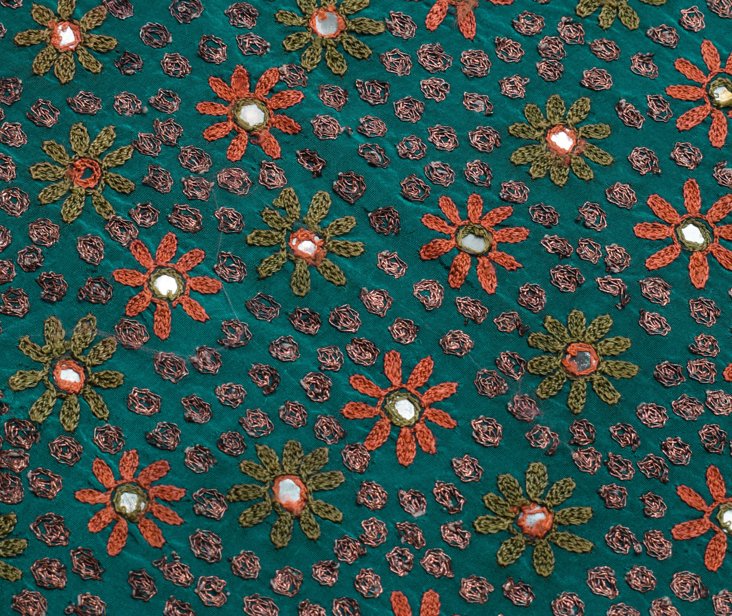 Sushila Vintage Teal Blue Sari Remnant Scrap Pure Crepe Embroidered Craft Fabric