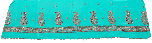 Sushila Vintage Aqua Blue Sari Remnant Scrap Pure Crepe Hand Beaded Craft Fabric