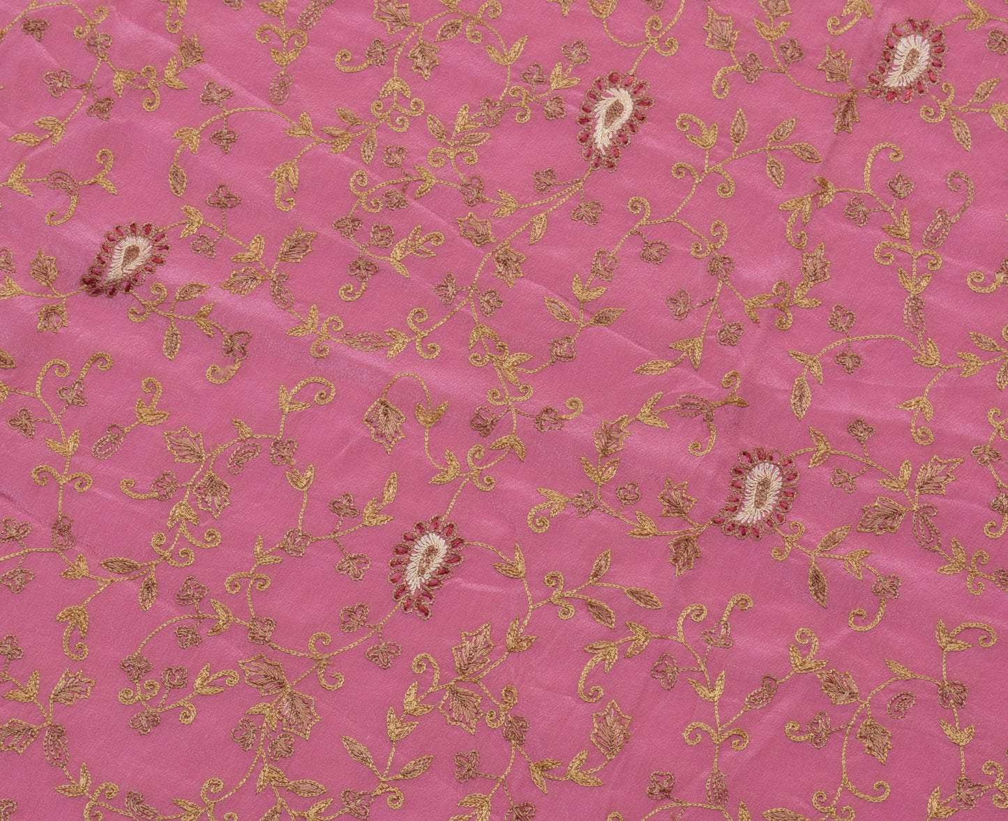 Sushila Vintage Pink Sari Remnant Scrap Pure Crepe Hand Embroidered Craft Fabric